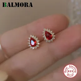 Ohrmanschette Balmora S925 Silber Rubin rotes Stein Zirkonstud Ohrringe für Frauen Mädchen Retro Trendy Edelstein Geburtstagsfeier Juwely Geschenk 230822