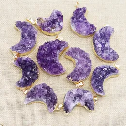 Pendant Necklaces Natural Stone Raw Ore Amethyst Crescent Necklace Moon Purple Crystal Charm DIY Jewelry Crafts Accessories Wholesale 6Pcs