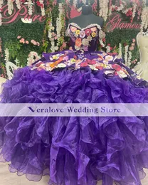 Charro Quinceanera Dresses 2023 Purple Emboridery 레이스 멕시코 멍청이 DE 15 Anos Princss 생일 파티 가운