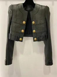 Vestido de duas peças de alta qualidade estas moda 2023 jaqueta de grife feminino s Faux couro de retalhos de retalhos Lion Buttons 230823