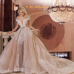Elegantes 2024 Spitzen-Meerjungfrau-Hochzeitskleid, abnehmbar, Übergröße, formelle Festzug-Kleider für den Nahen Osten, arabische Kleidung 328 328