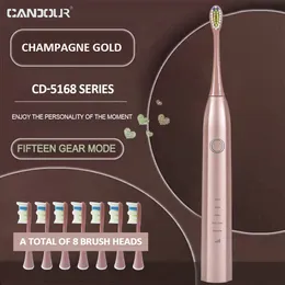 Escova de dentes Candor CD-5168 Sonic Electric Toothbrush escova de dentes recarregável escova de dentes IPX8 Impermenda a água 15 Modo Cabeças de substituição do carregador USB Conjunto 230823