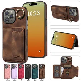 Card Slot Pack Leather Wallet Cases For Iphone 15 Plus 14 Pro 13 12 11 X XR XS MAX 8 7 Fashion Metal Finger Ring Holder Phone Back Cover Kickstand Book Cash Stand Pouch