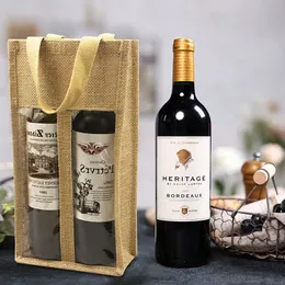 Säckväv vinväskor med handtag för vinflaskor gåvor dubbel fönster röda vin tygväskor bulk miljövänlig vinbärare jute väska