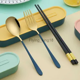 304 Rostfritt stål bestick sätter Student Portable Chopsticks Fork Spoon Set of 3 with Storage Case Outdoor Tablewar Kitchen Tool HKD230812