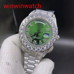 Hip Hop Watch Prong Set Diamond Watch Silver Aço inoxidável Caixa de aço verde Face automática Relógio mecânico 43mm206t