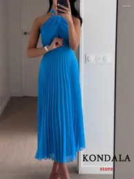 Повседневные платья Kondala Sexy Chic Blue Women Flouge Solid Hollow Out Backless Halter Long Party Fashion 2023 Summer Vestidos