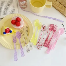 Dishes Plates Korean Japanese Ins Plastic Fork Spoon Stripe Lattice Broken Acrylic Simulation Tableware Po Prop 230822