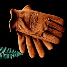 5本の指の手袋レトロバイクの手袋フロステッドファーストレイヤー牛皮男子および女性の乗馬オートバイ摩耗暖かいキャンプグローブ230822