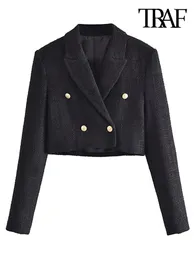 Kurtki damskie Traf Women Fashion Tweed Cropped Blazer Coat Vintage Long Rękaw z przodu Buttons żeńska odzież wierzchnia elegancka veste femme 230823