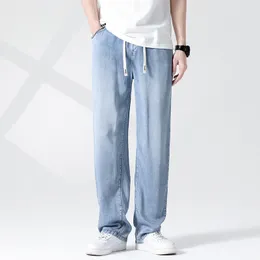 Herren S Jeans Sommer Lyocell weicher Stoff weiß blau dünne koreanische Mode -Kordel -Design Lose gerade Hosen Männliche Marke 230823