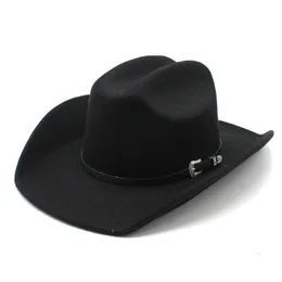 Szerokie brzeg kapelusze wiadra czapki mężczyźni kobiety Western Cowboy Hat with Belt Zima jesienna Kościół Jazz Elegancki cowgirl sombrero czapki 230822