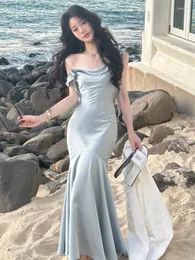 Casual Dresses Women Summer Fashion Bodycon Mermaid Dress French Elegant Satin Ruffle Wedding Party Robe Female Spaghetti Strap Clothing