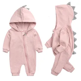 Rompers Spring Kids Tales Born Baby Romper Suit SolidHooded Dino Boys Girls Cotthbabywear 4 Colors 230822