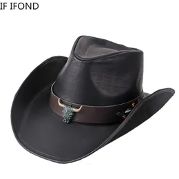 Szerokie brzegi czapki wiadra kapelusze 100 skórzanych mężczyzn kobiety Western Cowboy Hat Wide Brim Brim Godfather Gentleman Church Sombrero Hombre Jazz Cap 230822