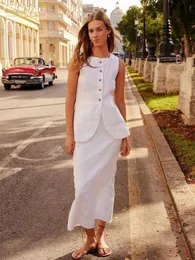 Zweiteiliger Kleid klassischer Sommer Slim White Cotton Set Women Outfit 2023 Elegante ärmellose Oberteile mit hohen Taillen lange Röcke Sets weiblich 230823