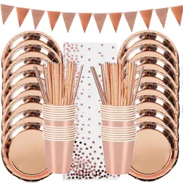 Andra evenemangsfestartiklar Rose Gold Birthday Decorations Disponertable Tableware Set Paper Cup Adult Wedding Kids Babyshower Girl 230822