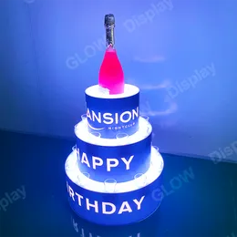 3層のケーキパーティーイベントラウンジバーナイトクラブVIPお誕生日おめでとうLEDケーキボトルプレゼンターイルミネートケーキスタンドグロリファイヤーネオンライトサイン