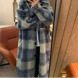 Womens Wool Blends Spring Autumn Thin Midlength Shirt Over the Kne Blue Plaid Coat Loose 300 Pund Korean Version Temperament Commute 230822