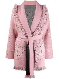 Women's Knits Autumn Winter Designer Pink Color Cashmere Cardigans High Quality Jacquard Tassel Belt Knitted Coat C907