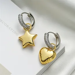Stud Trendy Zircon Heart Pentagram Asymmetrisk färgkontrast Hoop örhängen för Women Star Pendant Dangle Jewelry Gift 230823