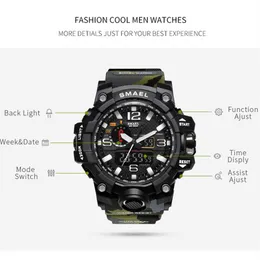 Smael Brand Men Dual Time Comouflage Military Digital Watch Led Wristwatch 50m 방수 1545bmen Clock Sport Watches278Z