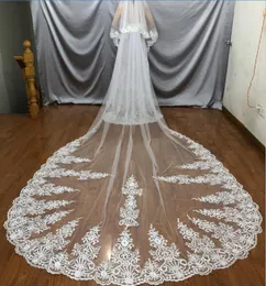 Welon ślubny dwie warstwy 400 cm Washing ślubny z koronkowymi aplikacjami vestido de noiva longo elegancki grzebień