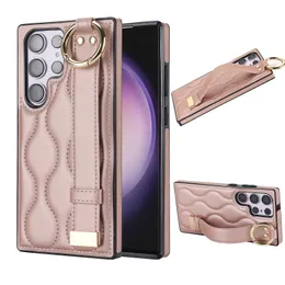 Shockproof Geometric Leather Wrist Strap Kickstand Case For Samsung Galaxy S23 Ultra S22 Note 20 A54 A53 5G Hand Strap Stand Cover
