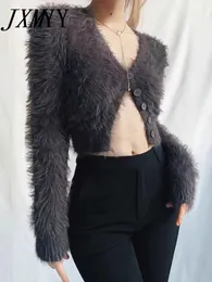 Camisolas femininas jxmyy outono e inverno moda macio vneck suéter curto cintura alta manga longa peluda casaco de cardigã 230822