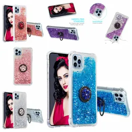 Luxus -Diamantfinger -Ringhalter Treibsand Hüllen für iPhone 15 plus 14 13 Pro Max Mini Samsung Galaxy S21 Fe Ultra Plus Soft TPU Flüssigblatt Glitter -Ständer Telefonabdeckung