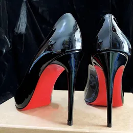 Brand high heels women's shoes red bright bottom pointed toe black high heels stiletto 8cm 10cm 12cm sexy wedding shoes large size 35-44