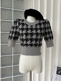 Kadın Sweaters Yaz Örgü Houndstooth Crop Teps Kadınlar İçin Kısa Kollu Kazak Korean Moda Örgü Vintage Street Giyim Estetik 230822
