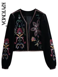 Women's Jackets KPYTOMOA Women Fashion Contrast Embroidery Velvet Crop Open Blazer Coat Vintage Long Sleeve Female Outerwear Chic Veste Femme 230823