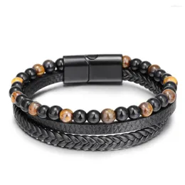 Strand Punk simples pulseira de couro de tecido à mão para homens de pedra vulcânica de pedra natural de tigre natural masculino