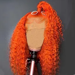 Ingefära orange djup våg spets fram peruk 13x4 spets stängning lockigt mänskligt hår peruk med baby hår remy förplukt syntetisk spetsstängning peruk för kvinnor