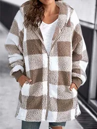Womens Fur Faux Autumn Winter Plaid Coat Women Teddy Hooded Jackets Female Furry Bear Plush Jacket 230822