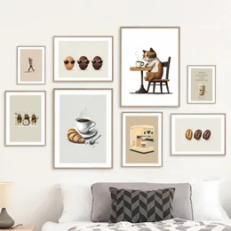 Kaffeemaschine Poster Drucke Wandkunst Bohnen Croissant abstrakt