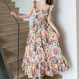 Casual Dresses Korean Style Chic Elegant Evening Party Women Summer O Neck Sleeveless Backless Long Dress Fashion Print Floral