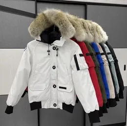 캐나다 남성 파일럿 다운 재킷 진짜 늑대 모피 후드 캔버스 파카스 편지 패치 지퍼 포켓 따뜻한 두꺼운 아웃복 디자이너 여성 겨울 구스 코트