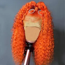 Ginger laranja laranja cacheada perucas de cabelo para mulheres 13x4 transparente onda profunda renda de renda frontal destaque