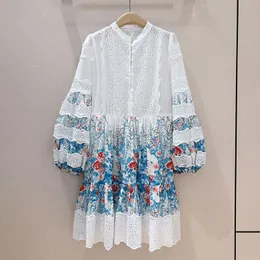 Jesienna sukienka designerska, wydrążone haftowane wydrukowane rękawy latarni z talią A-Line Hem, nową odzież dla kobiet