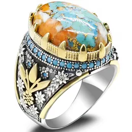 Bröllopsringar Real Silver Men S Oyster Turquoise Ring S925 Big Stone Punk Trkiye Make Luxury Exquisite Jewelry Gift 230822