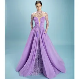 Elegante Lila Frauen Abend Formales Kleid 2023 Sheer Neck Perlen Perlen Ärmeln Pageant Prom Kleider Robe De Soiree Vestidos Fest