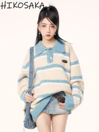 Kadın Sweaters Japon tiki tarzı çizgili kazak kadınları vintage gevşek allmatch dönüş yakalı kazaklar kontrast renk uzun kollu jumper 230822