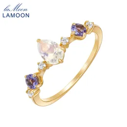 خواتم الزفاف Lamoon Natural Moonstone خاتم للنساء تنزانيت الأحجار الكريمة 925 الجنيه الاسترليني الفضي الذهب فيرميل فيرميل راقصة المخططة 230822