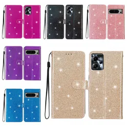 BLING Sparkle Glitter Pu Leather Wallet Falls för Google Pixel 8 Pro 7 7A 6 6A Moto G73 G53 G13 E13 Hållare ID -kortplats Slot Cash Cover Luxury Book Phone Pouch