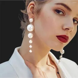 Backs Earrings Non Pierced Statement Jewelry Gold Plated Long Big Round Acrylic Pearl Drop Ear Clip On For Women