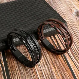 Charm Armband Business Classic Black 4-Layer Läder handvävda smycken Män kvinnor legering magnetisk spänne avslappnad armband gåva
