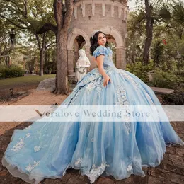 Niebieskie sukienki Quinceanera 2023 Princess 3D Florals Para XV Princess Birthday Party Suknie Ball Gown