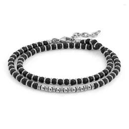 Strand Runda Men's Bracelet Obsidian Stone Beads With Stainless Steel Adjustable Size 38cm Double Chain Charm Bead For Women